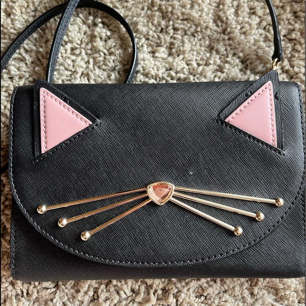 Kate Spade Jazz Things Up Cat Winni Leather Crossbody Clutch in Black